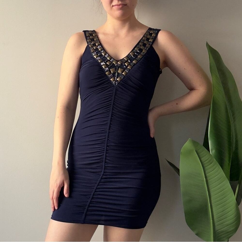 Vintage 2000s Papaya Navy Ruched Embellished Bodycon Mini Dress V-Neck Y2K Blue